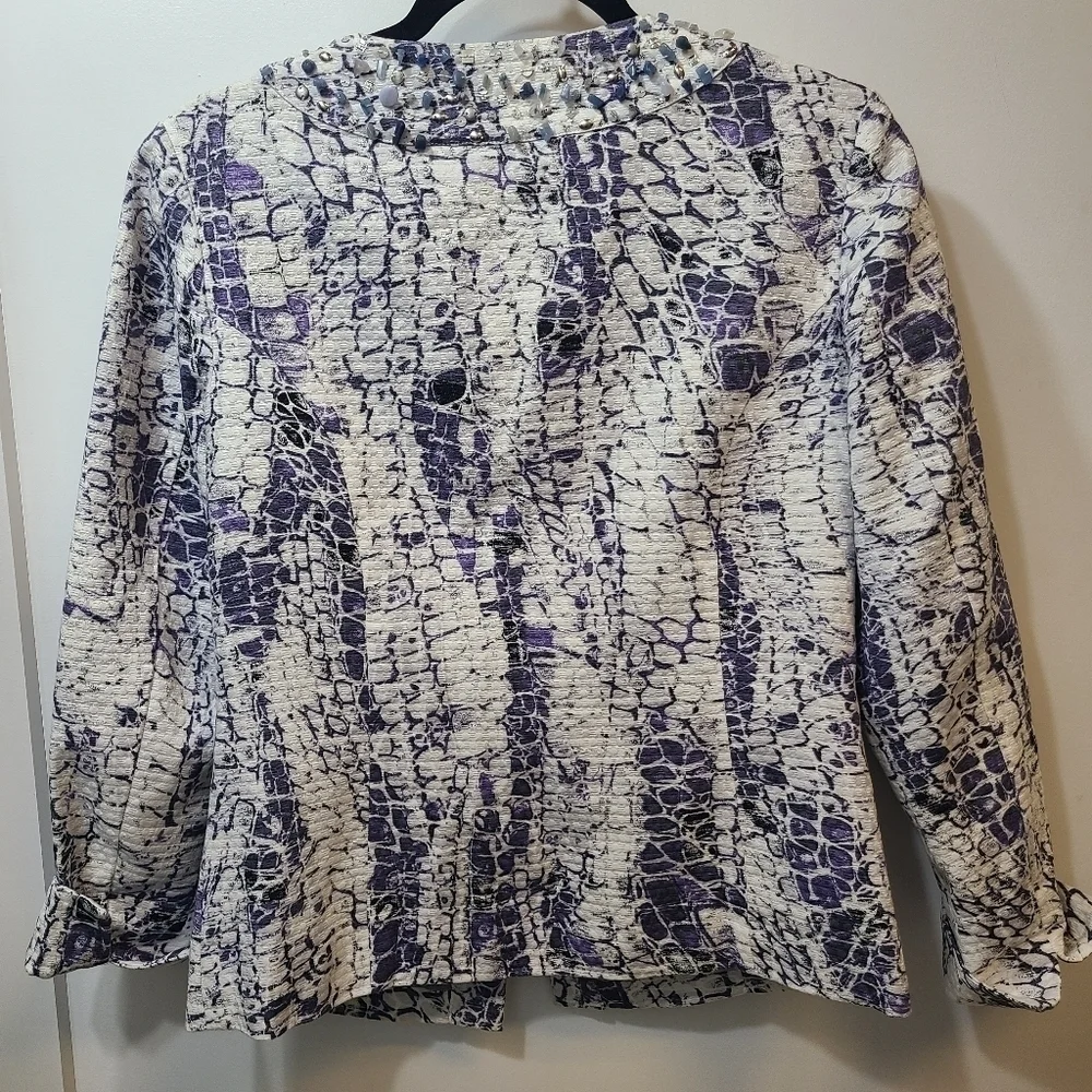 Chicos Jacket 0 Small Purple Gray Blazer Gem Embellished Snake Print Lined Women